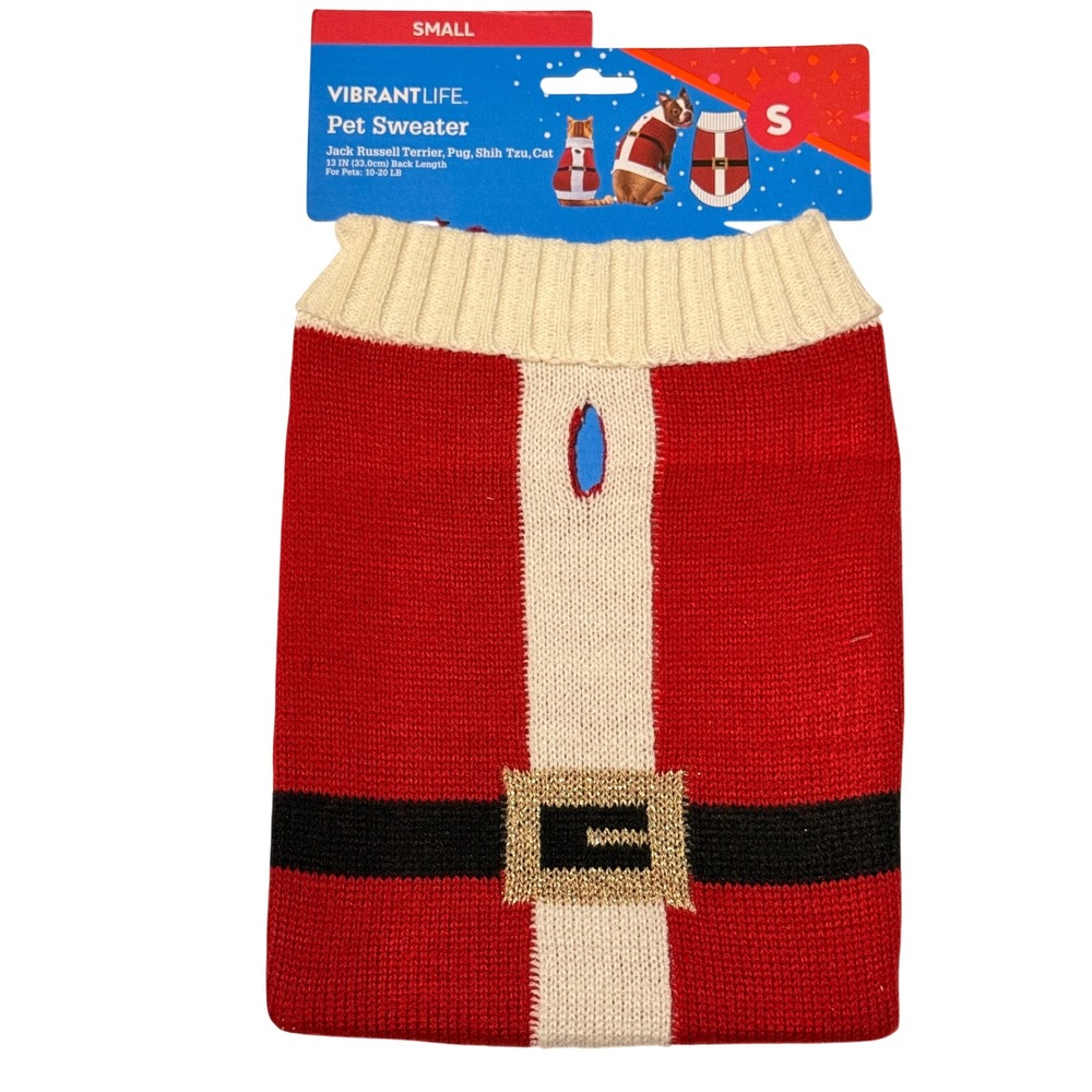 Vibrant Life Santa Pet Sweater Small Red Holiday Dog Cat Christmas Outfit 13in